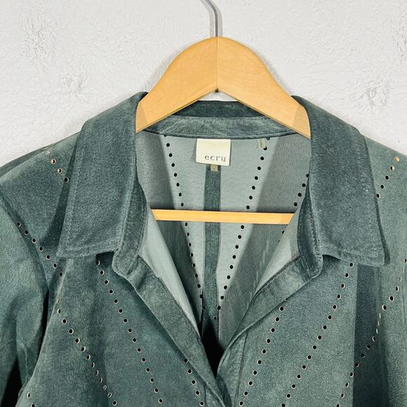 Ecru Hand Tooled Suede Shacket Button Up Top Shirt Long Sleeve Black - L - Picture 3 of 7